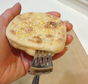 Insert a fork around the side to cut open English Muffins.